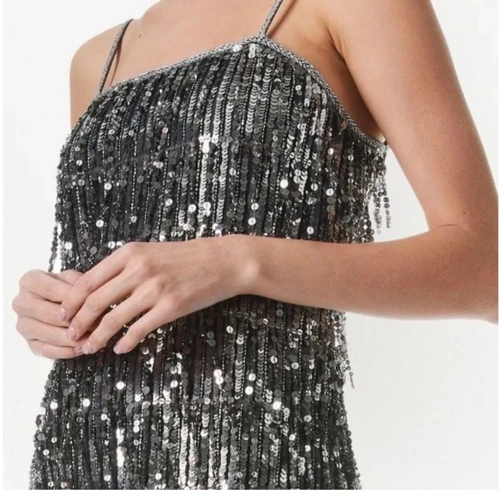 NWT Alice & Olivia Chicago Sequin Flapper Mini Dress in gunmetal silver - Picture 5 of 17